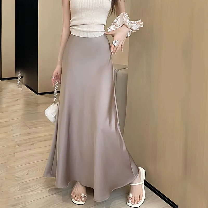 Women’s High-Waist Satin A-Line Midi Skirt