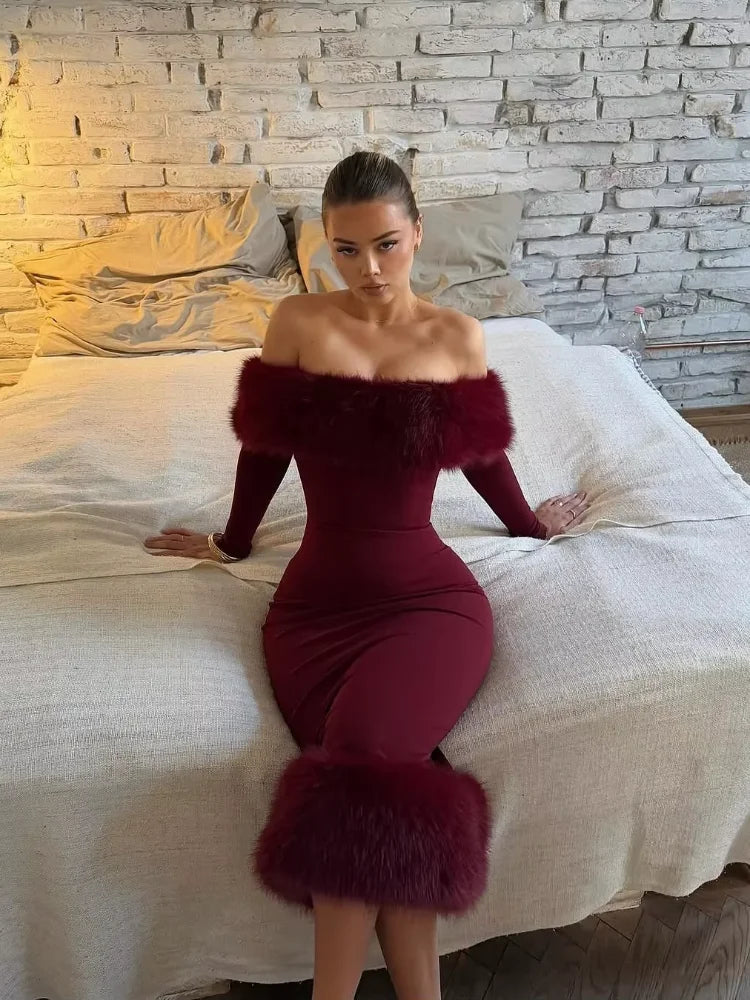 Women’s Off-Shoulder Faux Fur Bodycon Dress