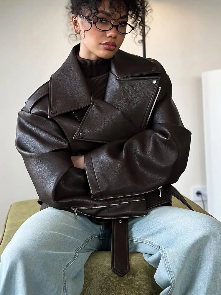 Women’s Dark Red Faux Leather Zip Jacket