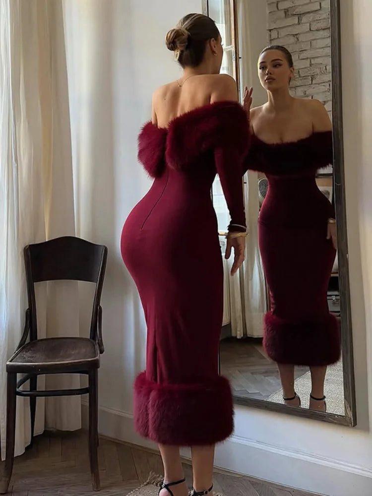 Women’s Off-Shoulder Faux Fur Bodycon Dress