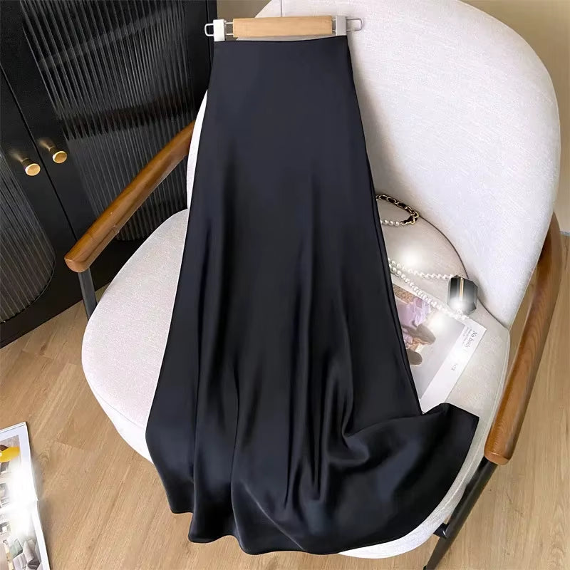 Women’s High-Waist Satin A-Line Midi Skirt